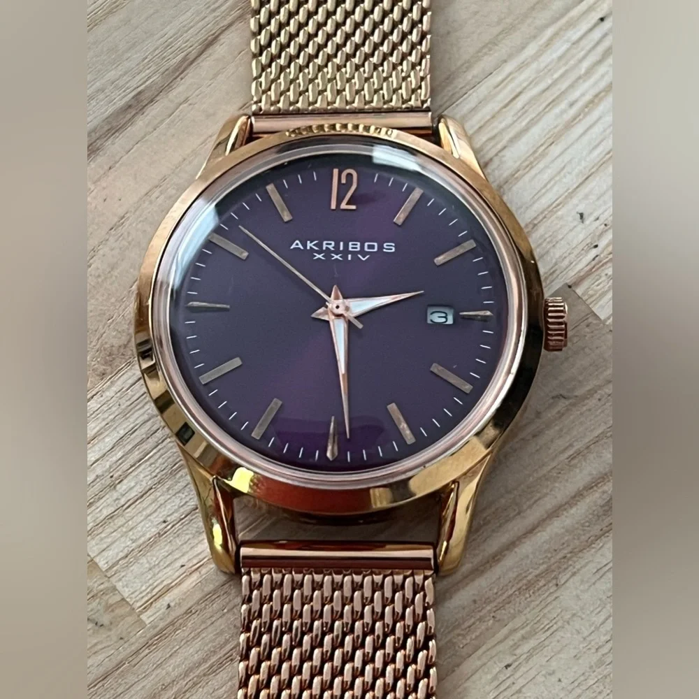 AKRIBOS XXIV Ladies Watch Rose Gold Mesh Bracelet Purple Dial Date Window